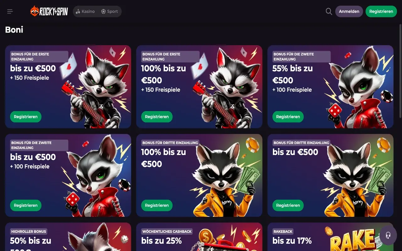RockySpin Casino Bonusseite Desktop-Ansicht