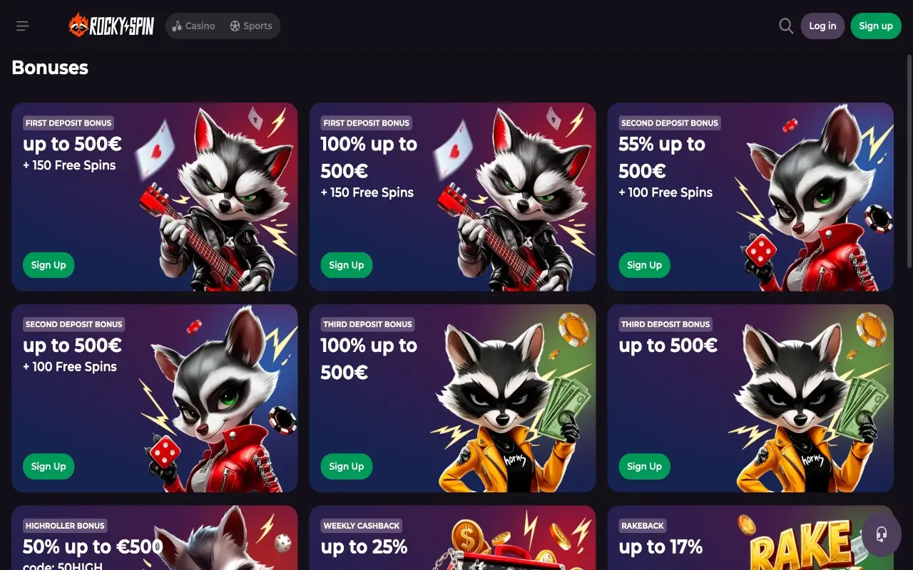 RockySpin Casino bonus page desktop view