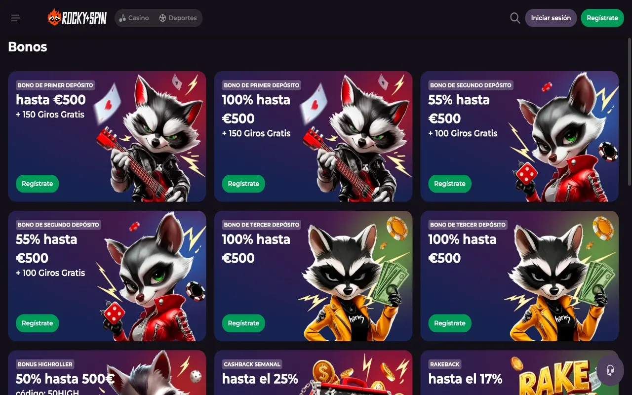 RockySpin Casino página de bonos vista escritorio
