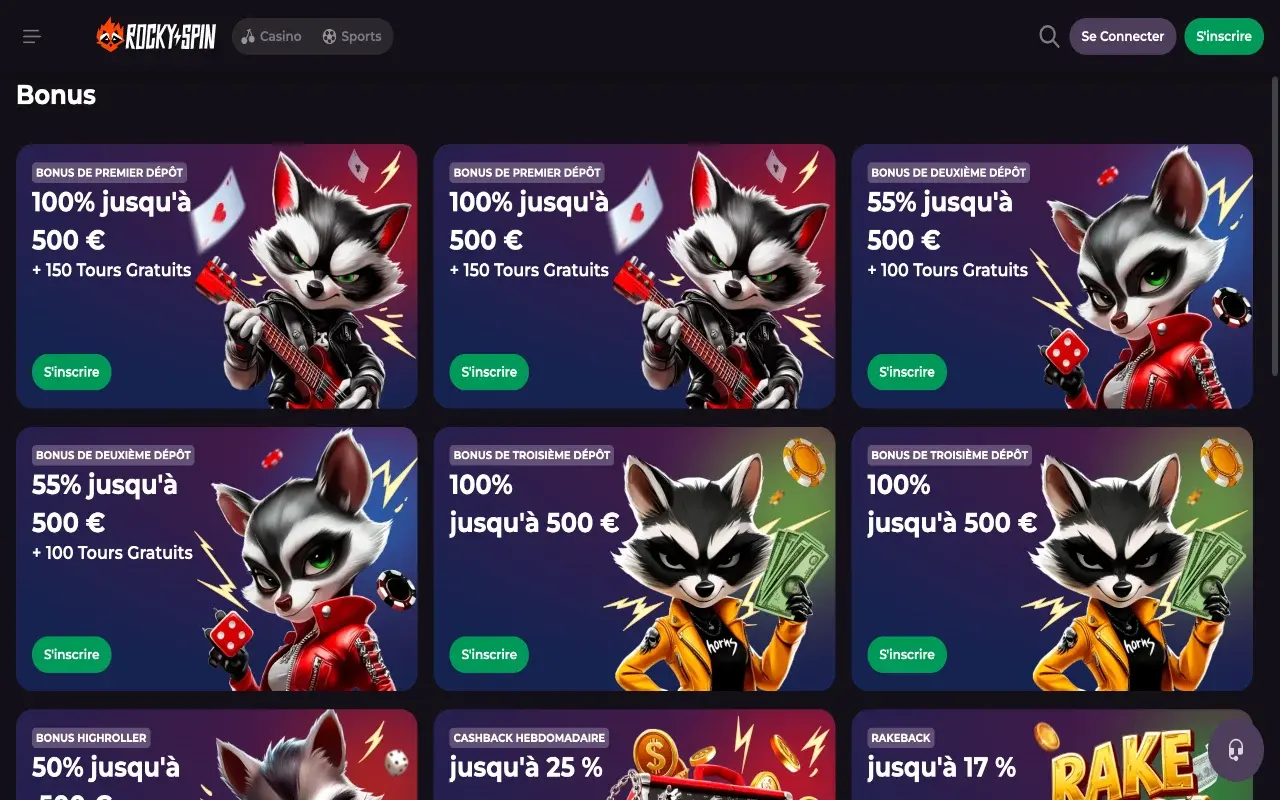 RockySpin Casino page bonus vue bureau