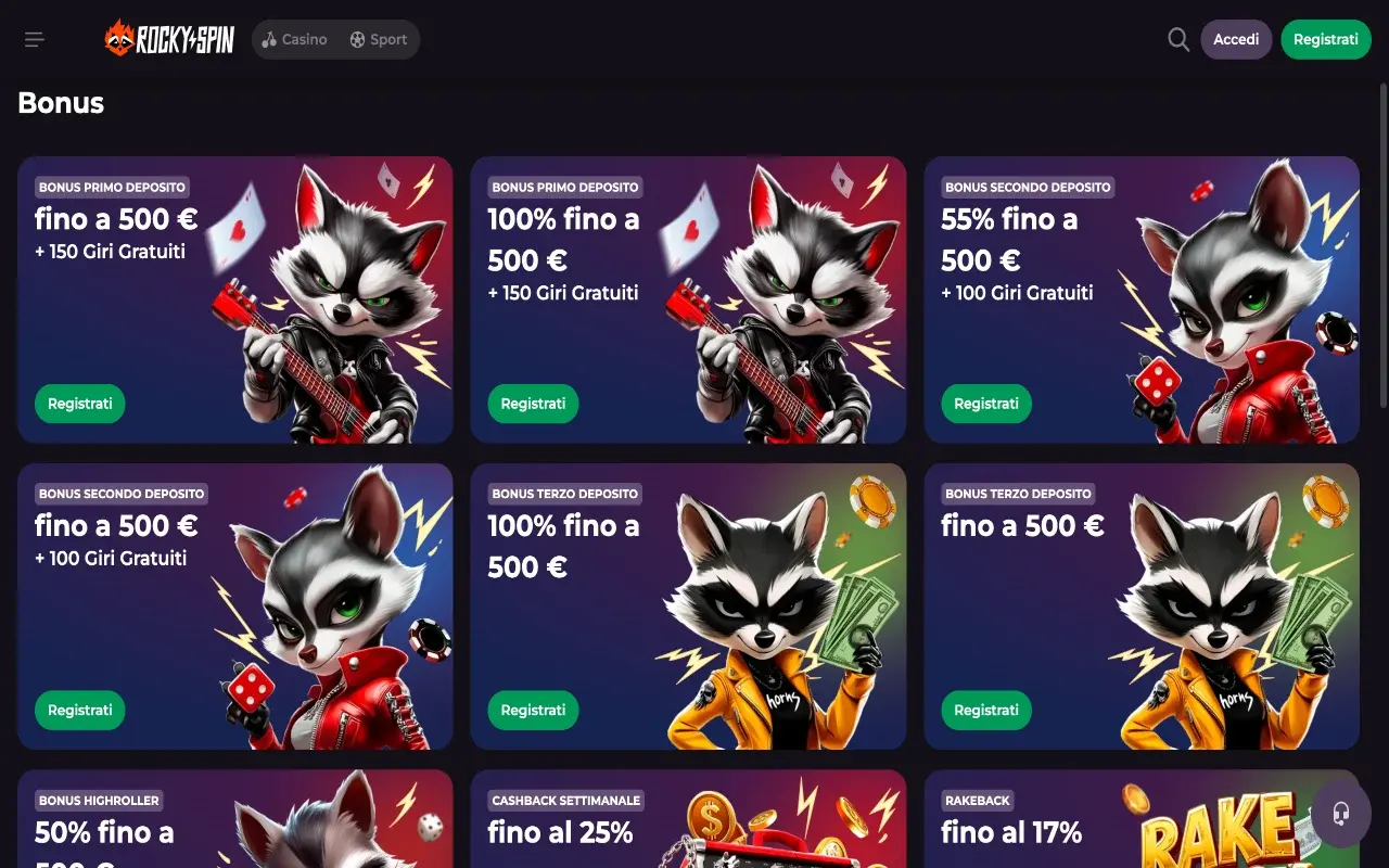 RockySpin Casino pagina bonus vista desktop