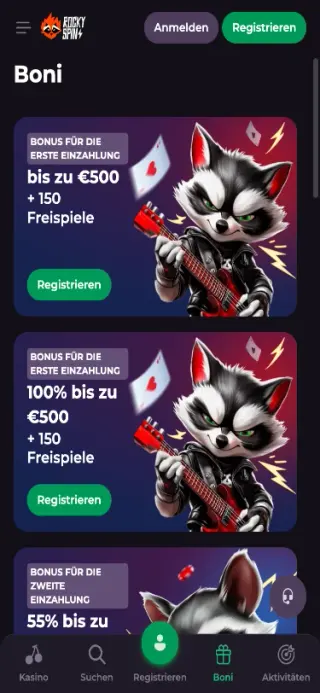 RockySpin Casino Bonusseite mobile Ansicht