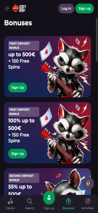 RockySpin Casino bonus page mobile view