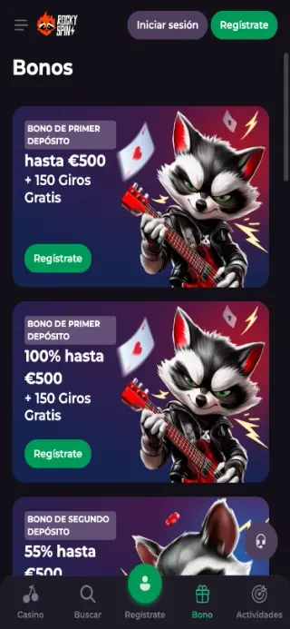 RockySpin Casino página de bonos vista móvil