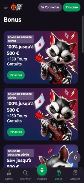 RockySpin Casino page bonus vue mobile