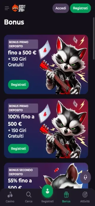 RockySpin Casino pagina bonus vista mobile