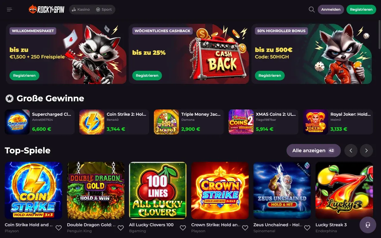 RockySpin Casino Startseite Desktop-Ansicht