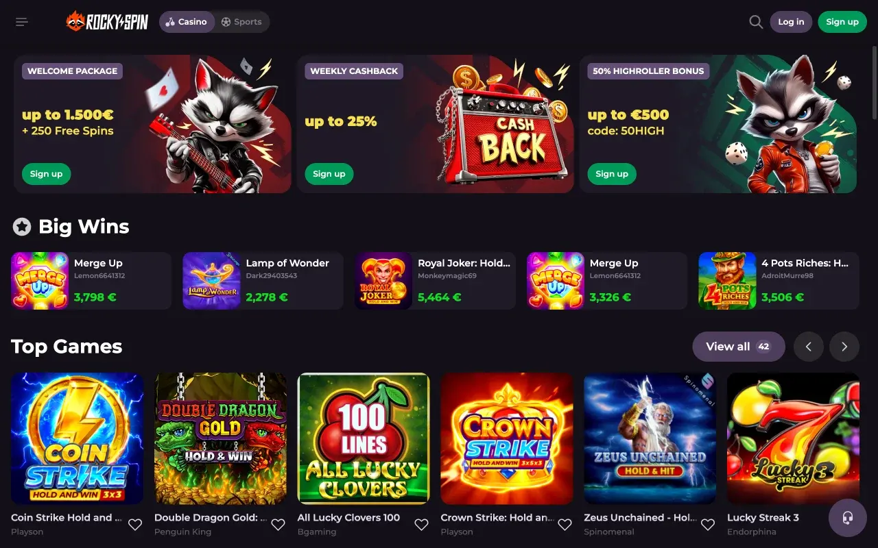 RockySpin Casino homepage desktop view