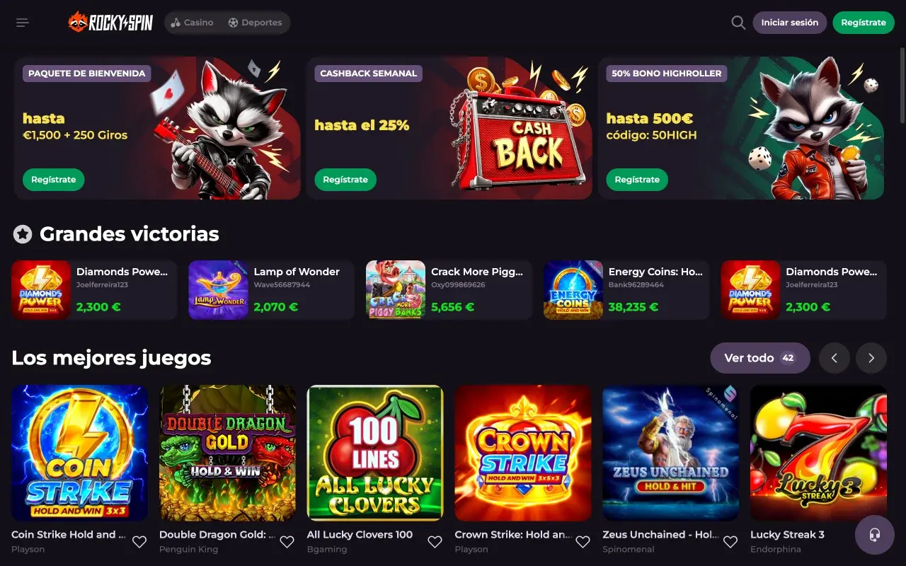 RockySpin Casino vista de escritorio