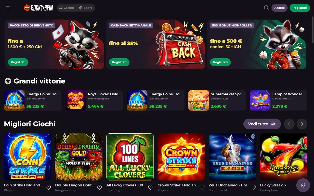 RockySpin Casino vista desktop